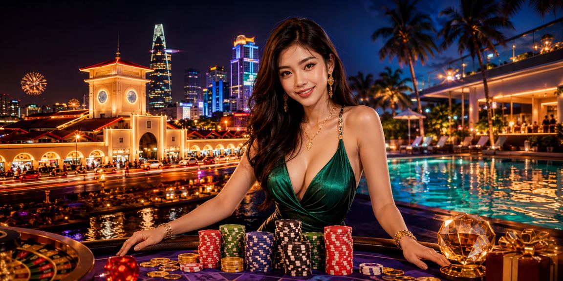 Không khí lễ hội cá cược casino tại Hồ Chí Minh về đêm, đèn neon rực rỡ